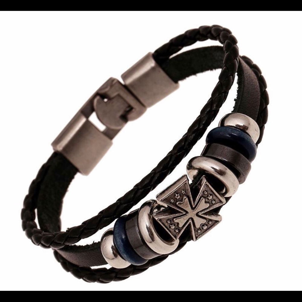 New Genuine Leather Black Cross Wrap Bracelet MB1